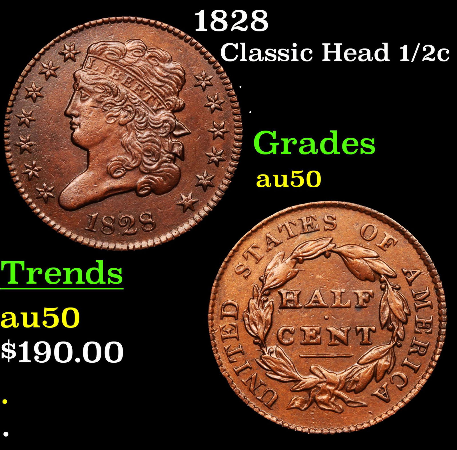 1828 Classic Head half cent 1/2c Grades AU, Almost Unc (1 of 3)