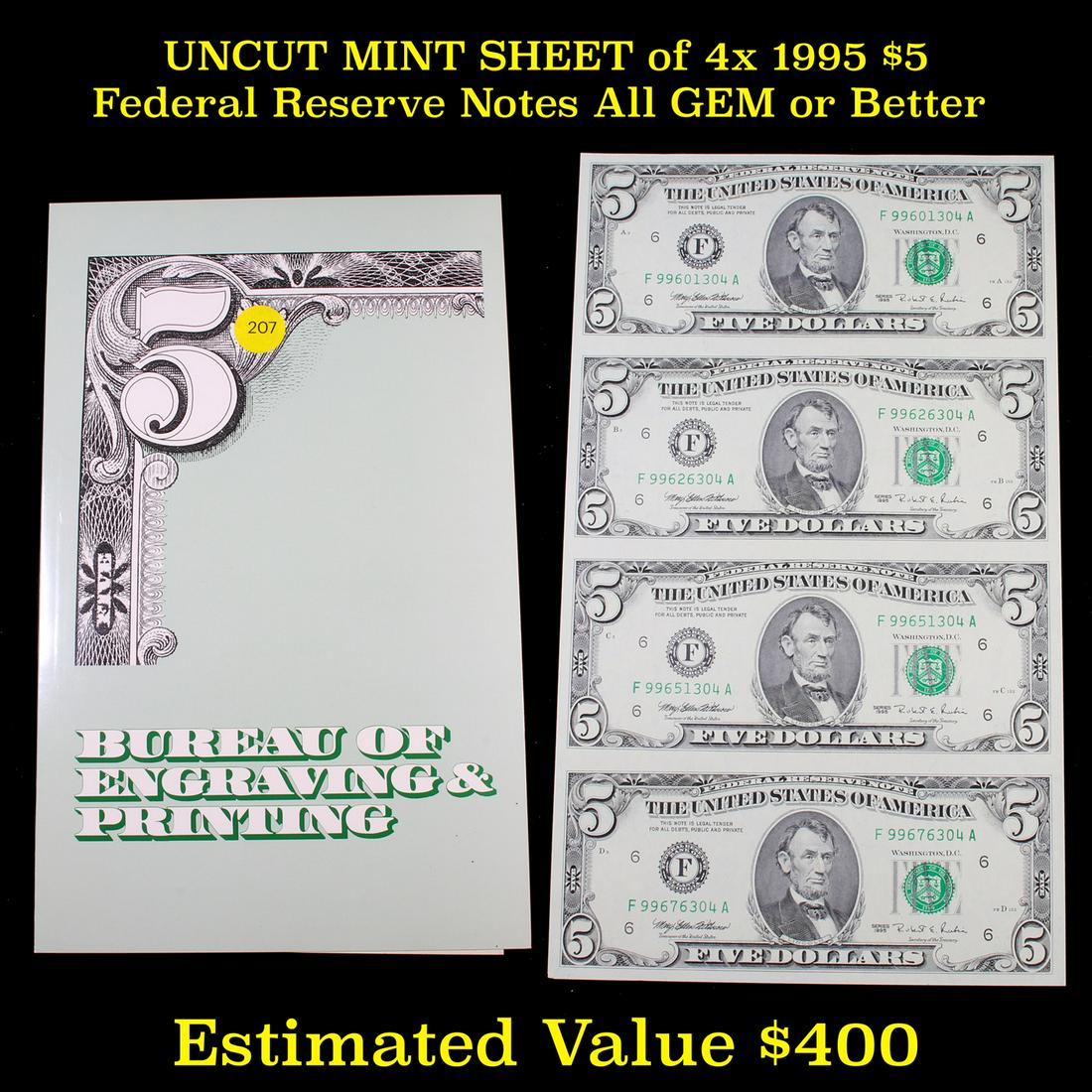 UNCUT MINT SHEET of 4x 1995 $5 Federal Reserve Notes (1 of 3)
