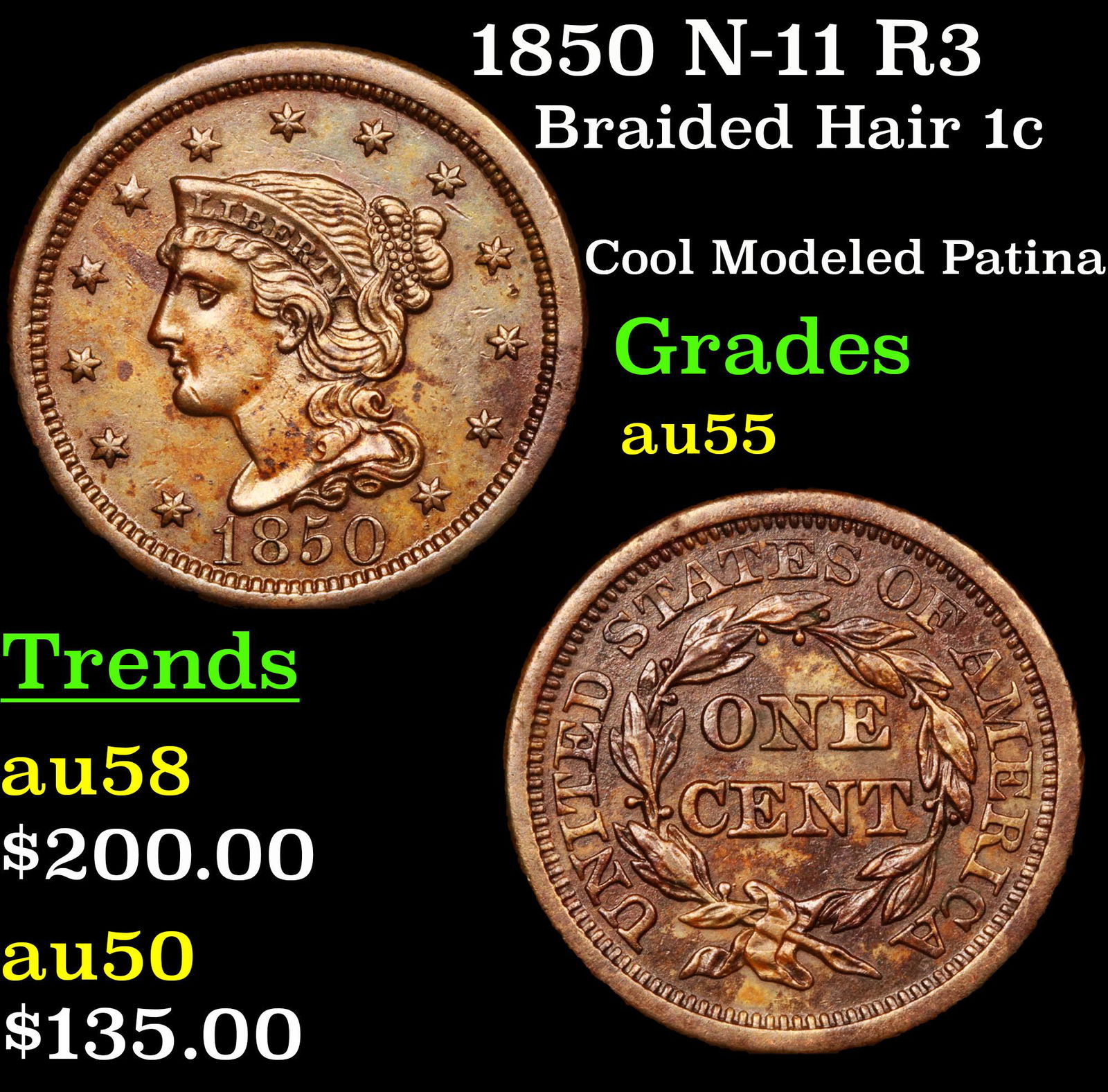 1850 N-11 R3 Braided Hair Large Cent 1c Grades Choice (1 of 3)