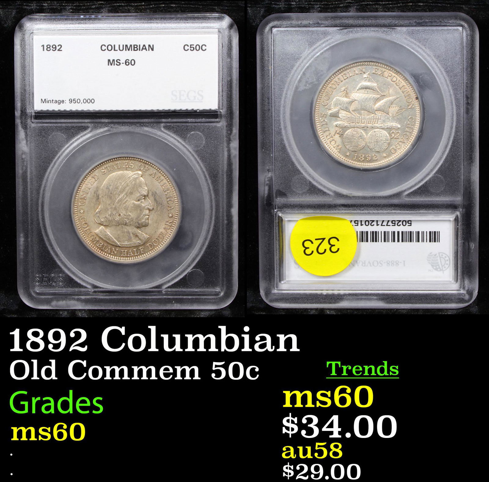 1892 Columbian Old Commem Half Dollar 50c Graded ms60 (1 of 3)