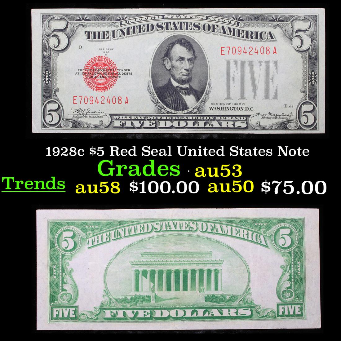 1928c $5 Red Seal United States Note Grades Select AU (1 of 3)