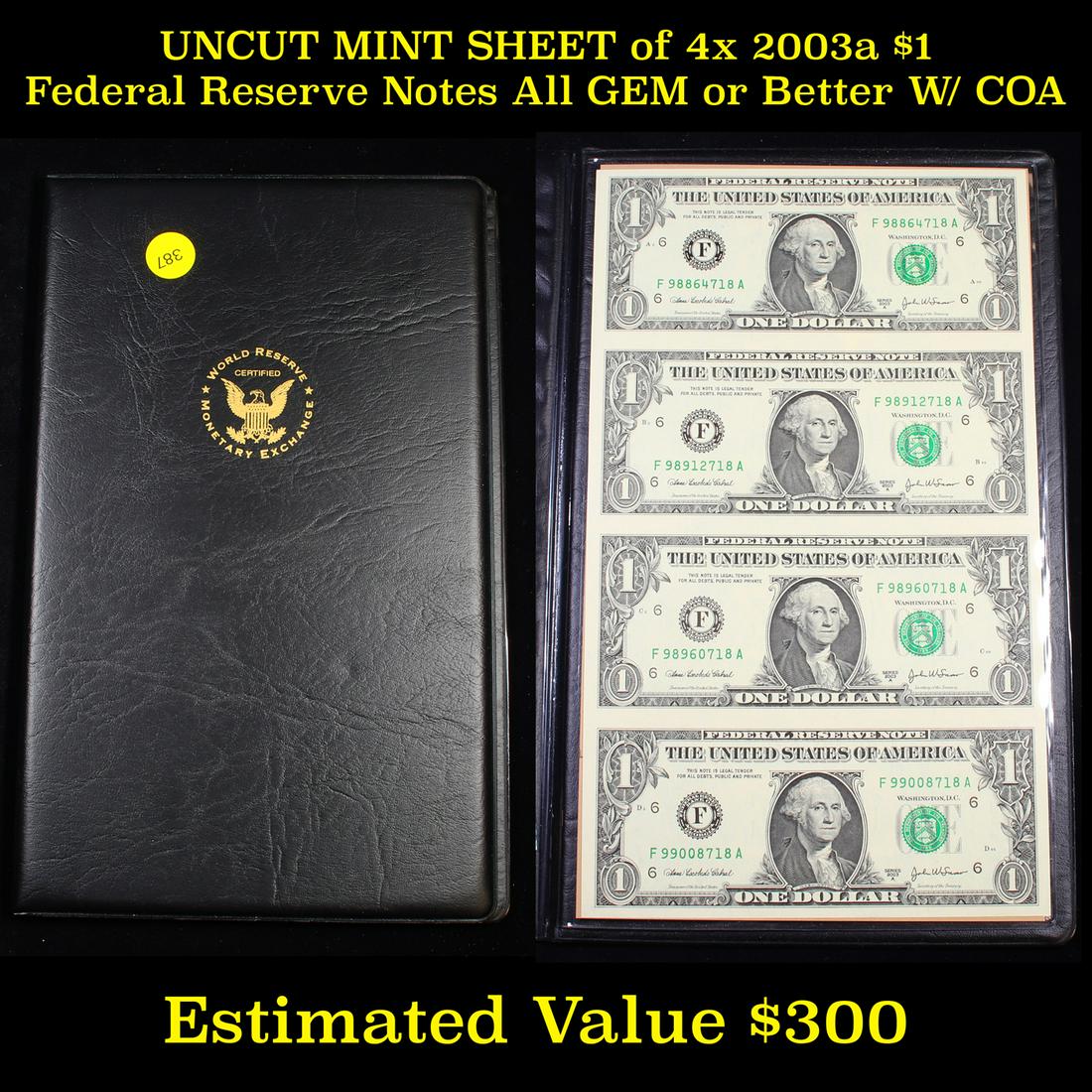 UNCUT MINT SHEET of 4x 2003a $1 Federal Reserve Notes (1 of 3)