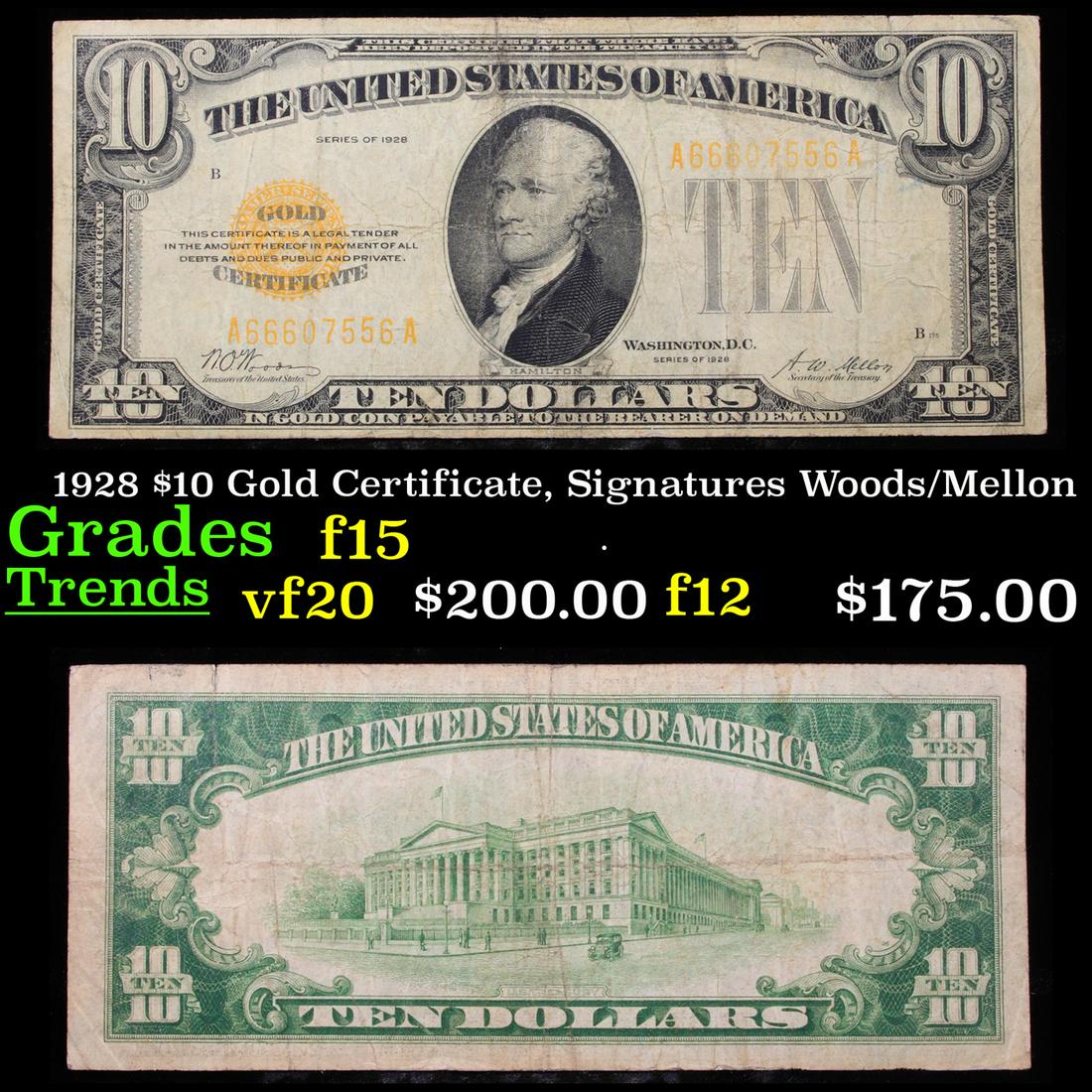 1928 $10 Gold Certificate, Signatures Woods/Mellon (1 of 3)
