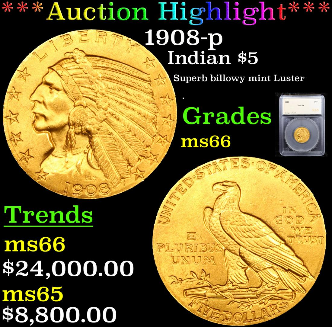 ***Auction Highlight*** 1908-p Gold Indian Half Eagle (1 of 7)