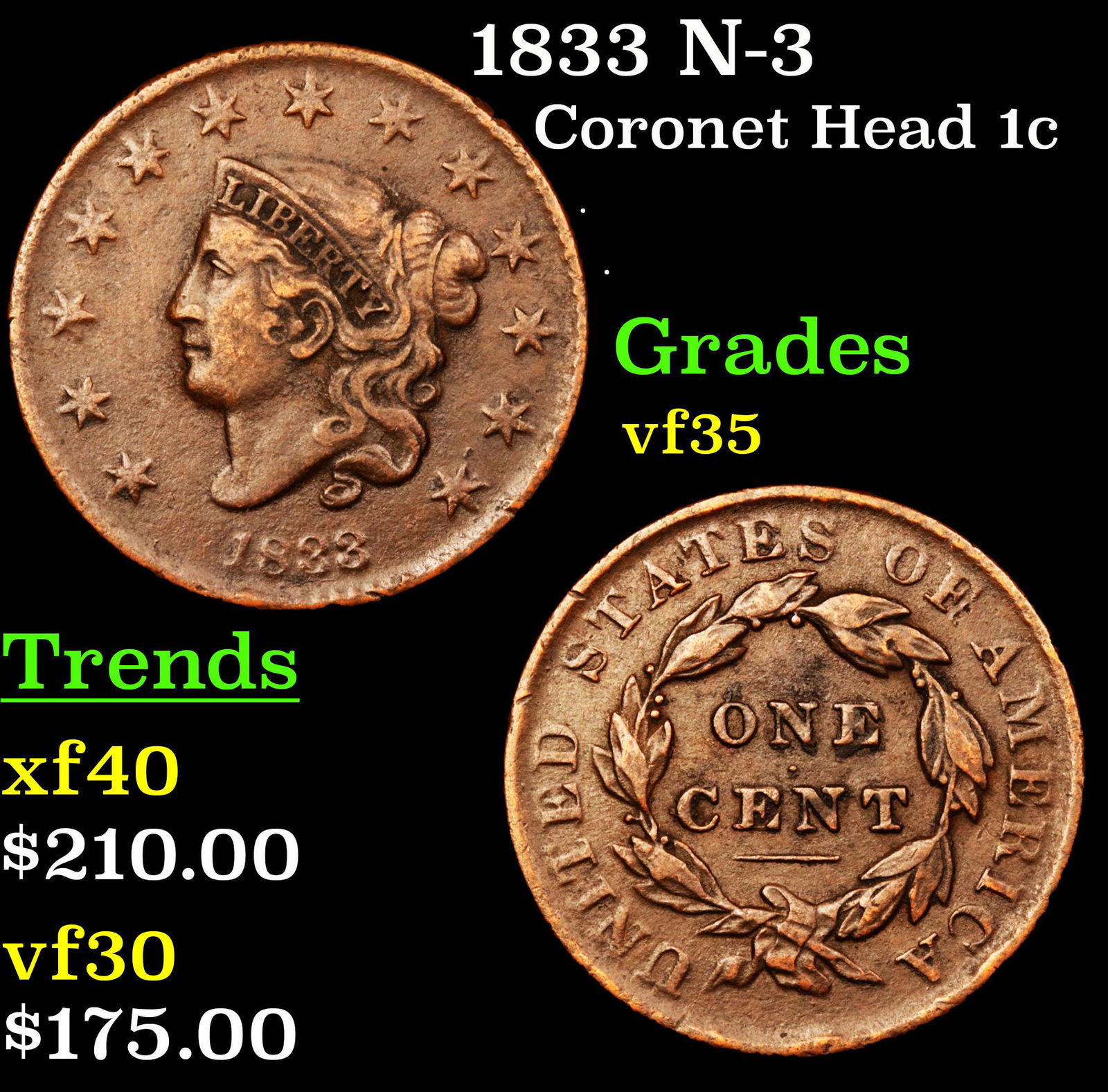 1833 N-3 Coronet Head Large Cent 1c Grades vf++ (1 of 3)