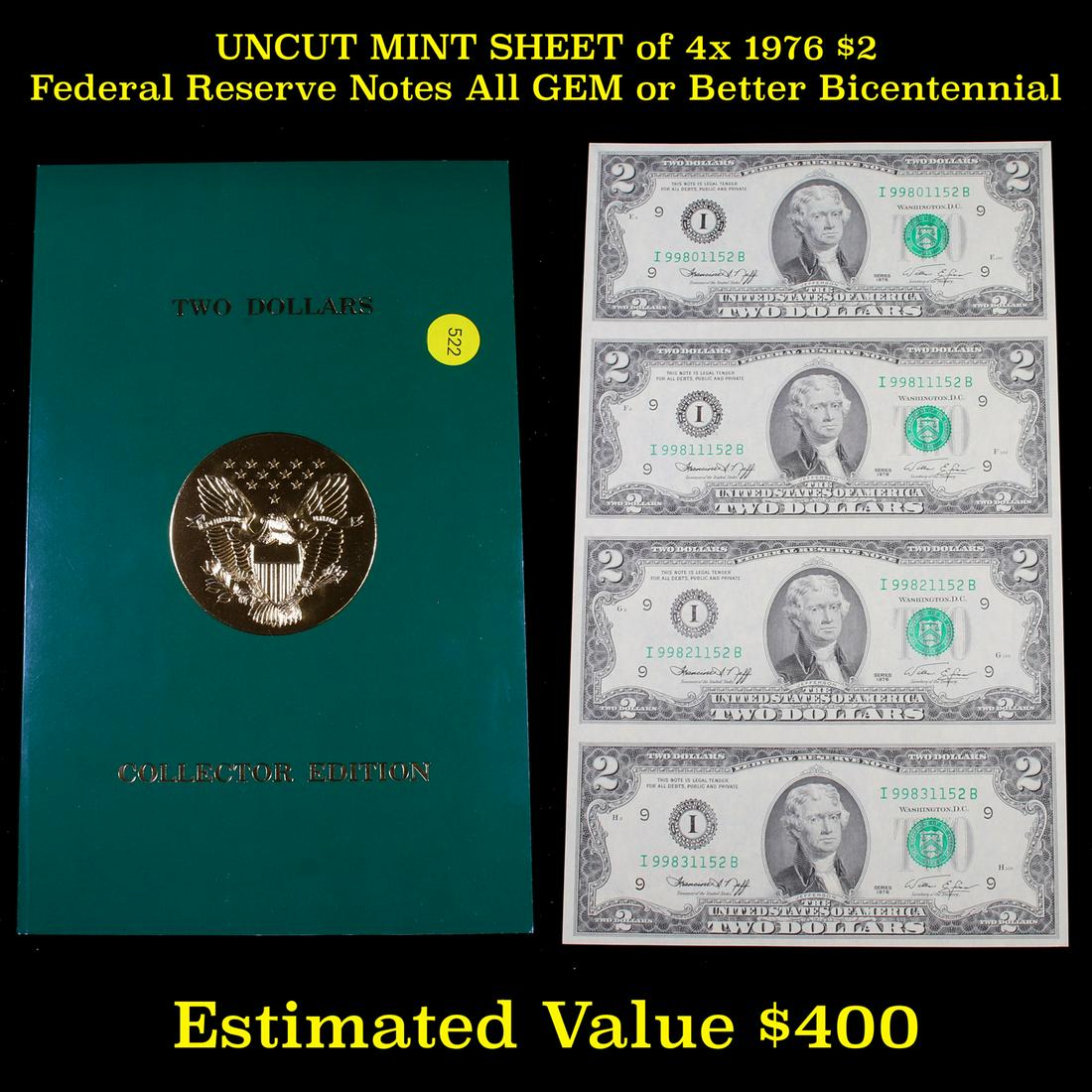 UNCUT MINT SHEET of 4x 1976 $2 Federal Reserve Notes (1 of 3)