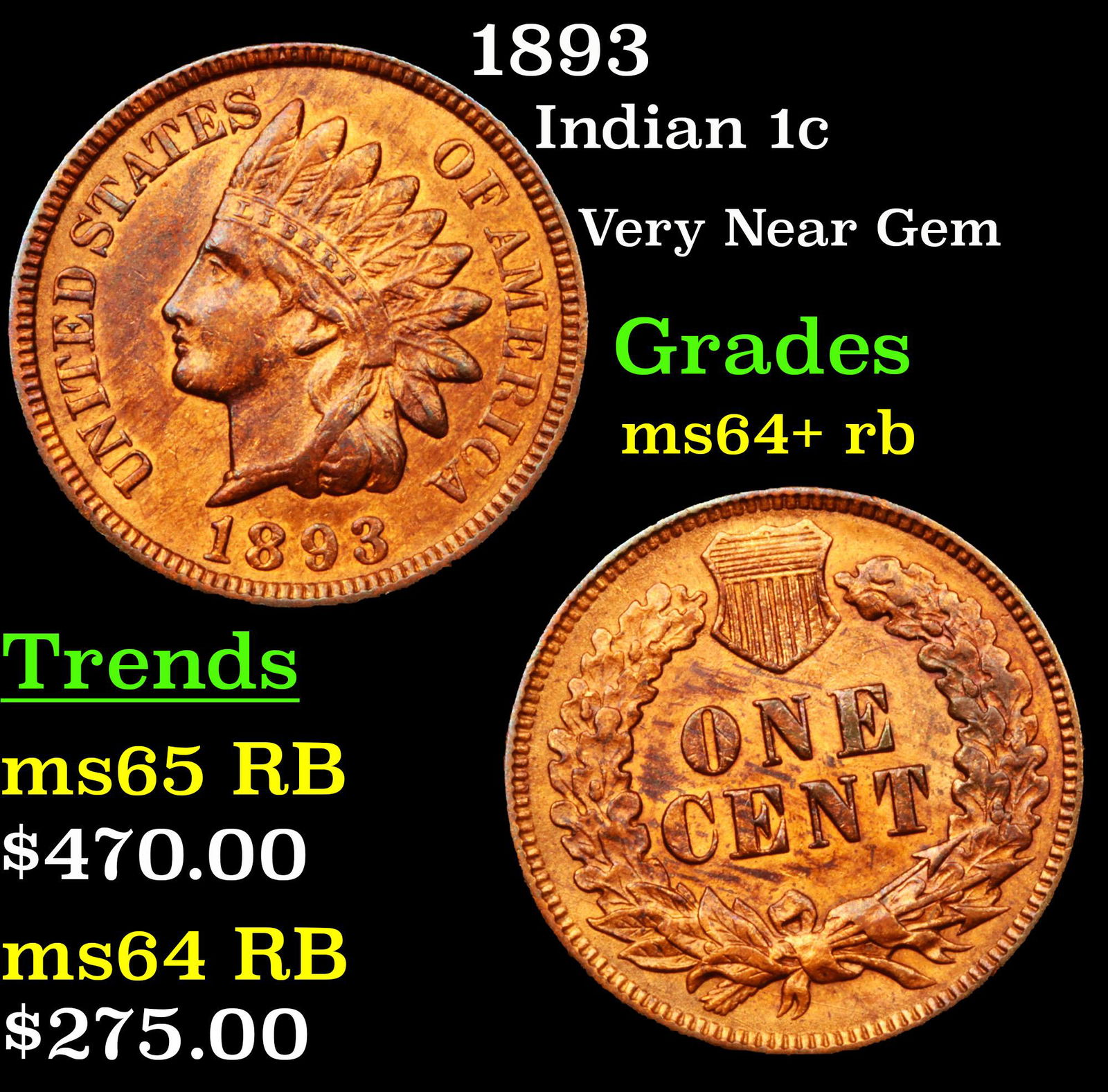 1893 Indian Cent 1c Grades Choice+ Unc RB (1 of 3)