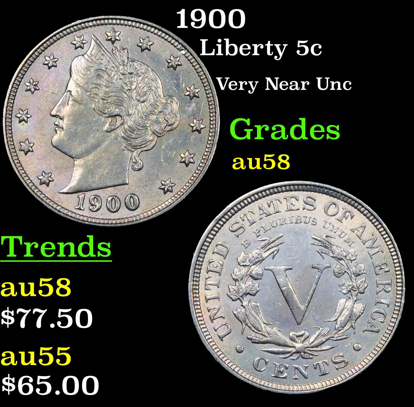 1900 Liberty Nickel 5c Grades Choice AU/BU Slider (1 of 3)