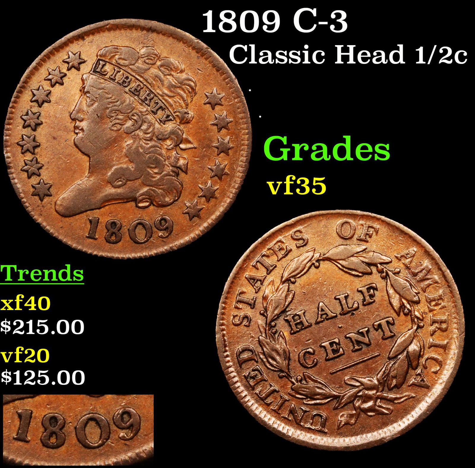1809 C-3 Classic Head half cent 1/2c Grades vf++ (1 of 5)