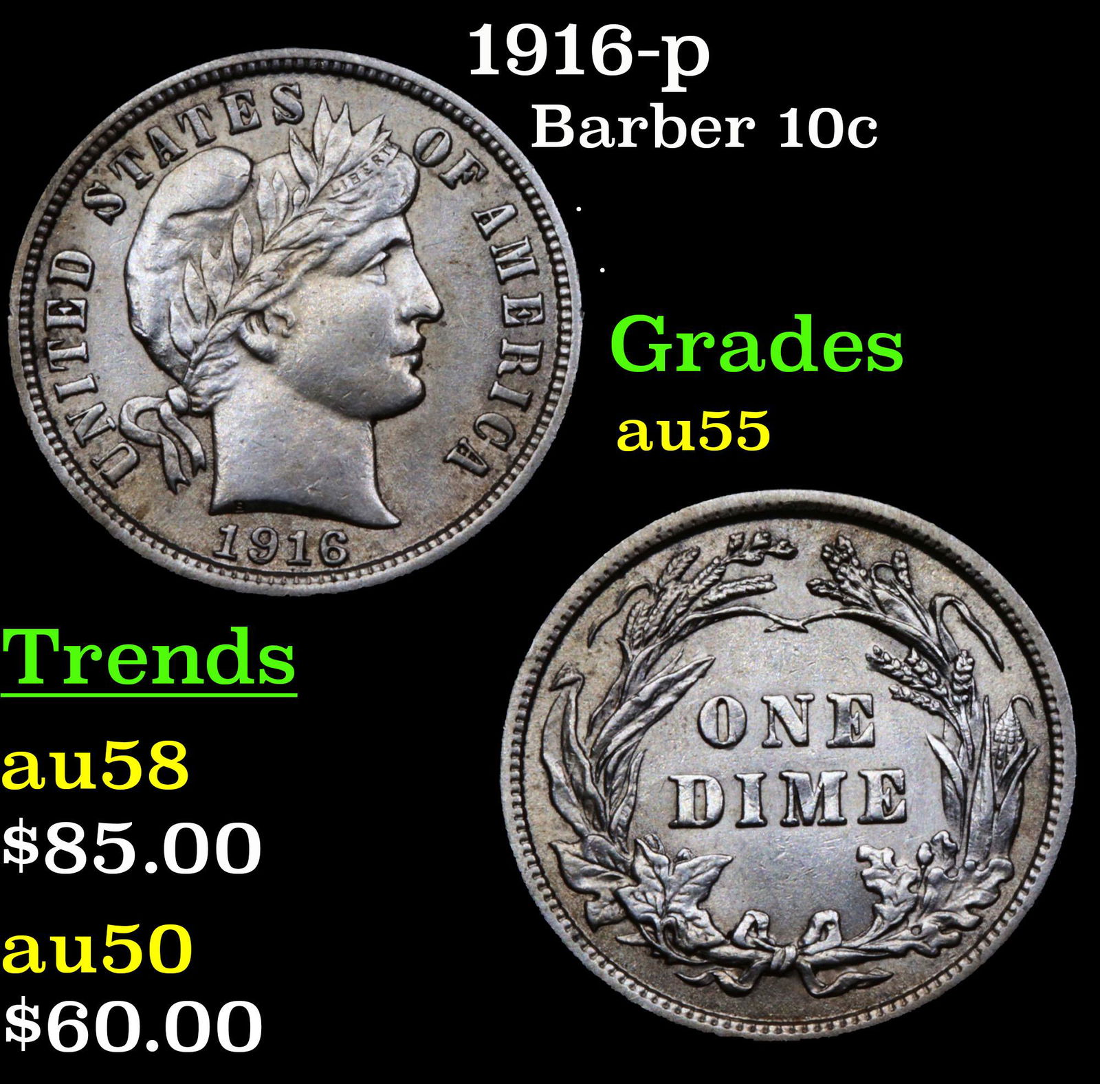 1916-p Barber Dime 10c Grades Choice AU (1 of 3)
