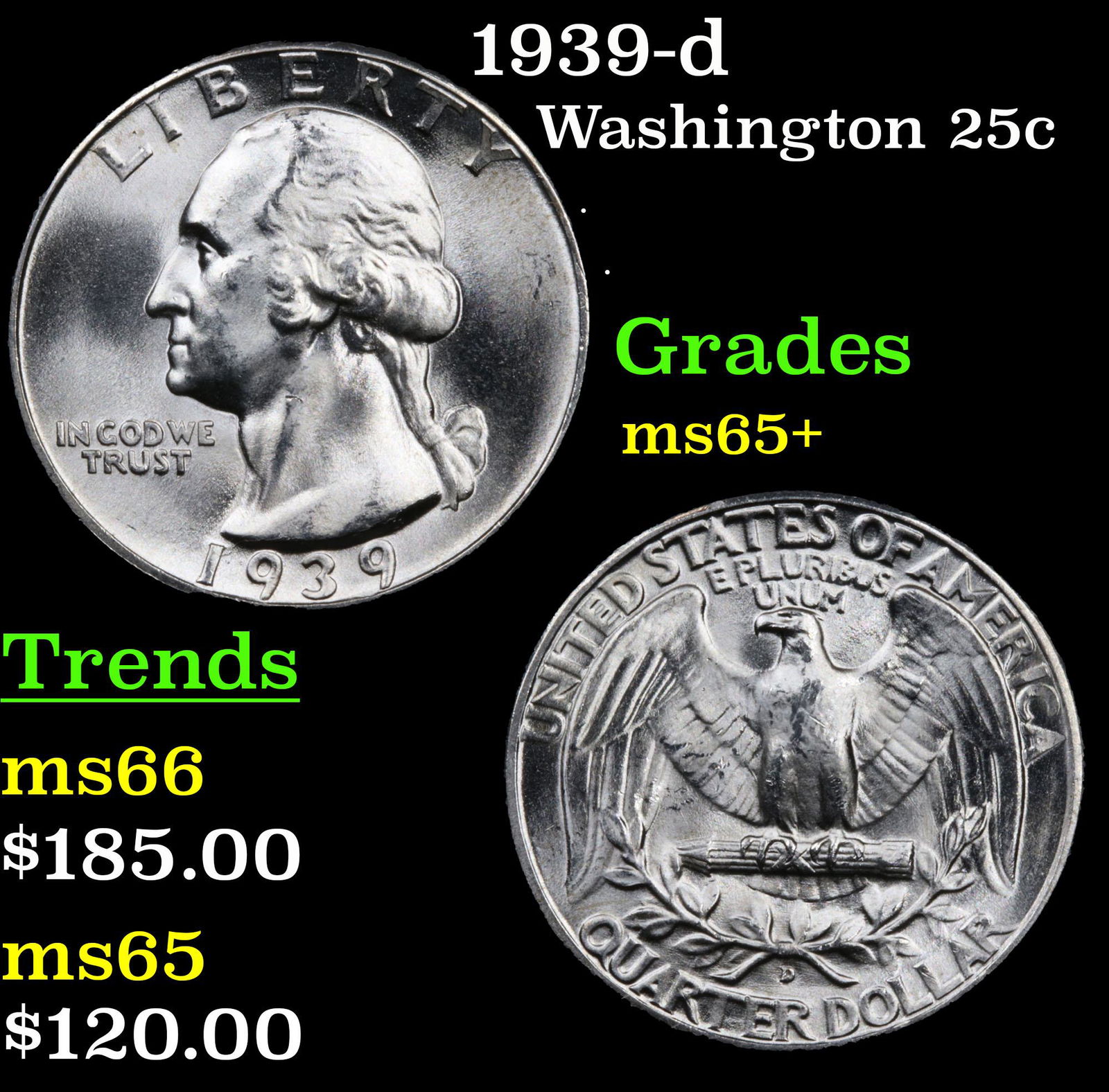 1939-d Washington Quarter 25c Grades GEM+ Unc (1 of 3)