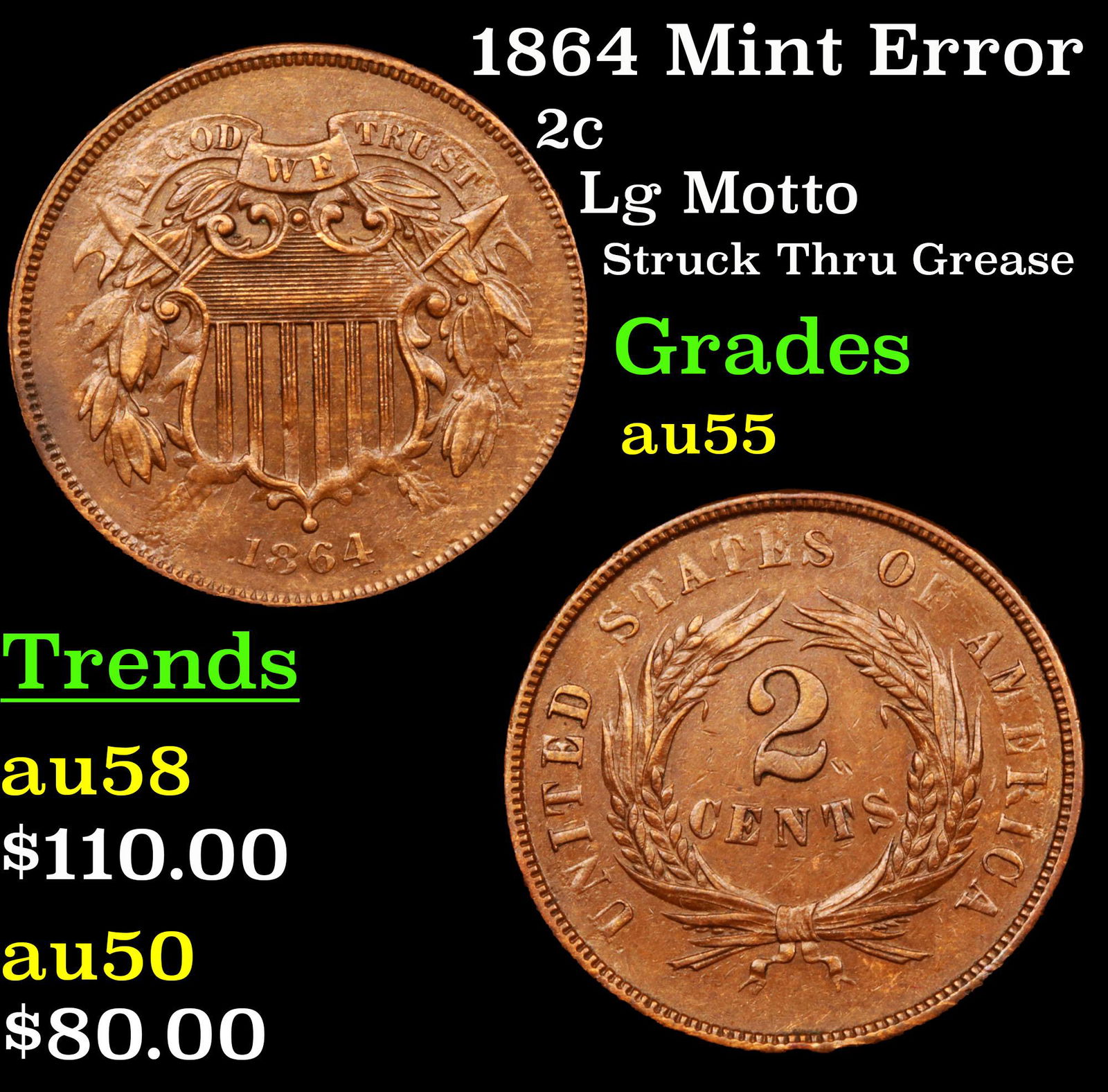 1864 Mint Error Two Cent Piece 2c Grades Choice AU (1 of 3)