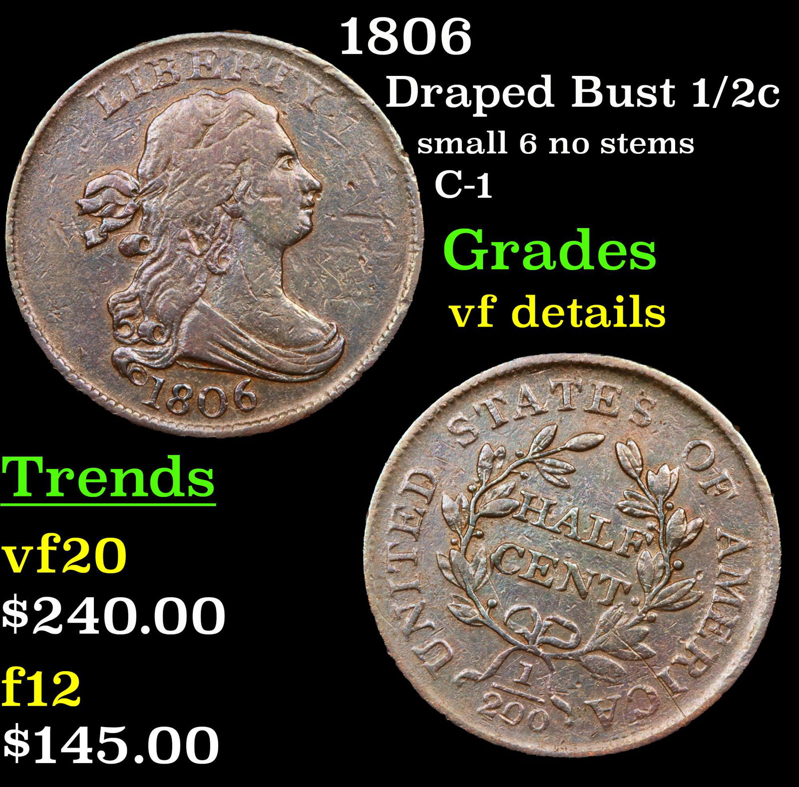 1806 Draped Bust Half Cent 1/2c Grades vf details (1 of 3)