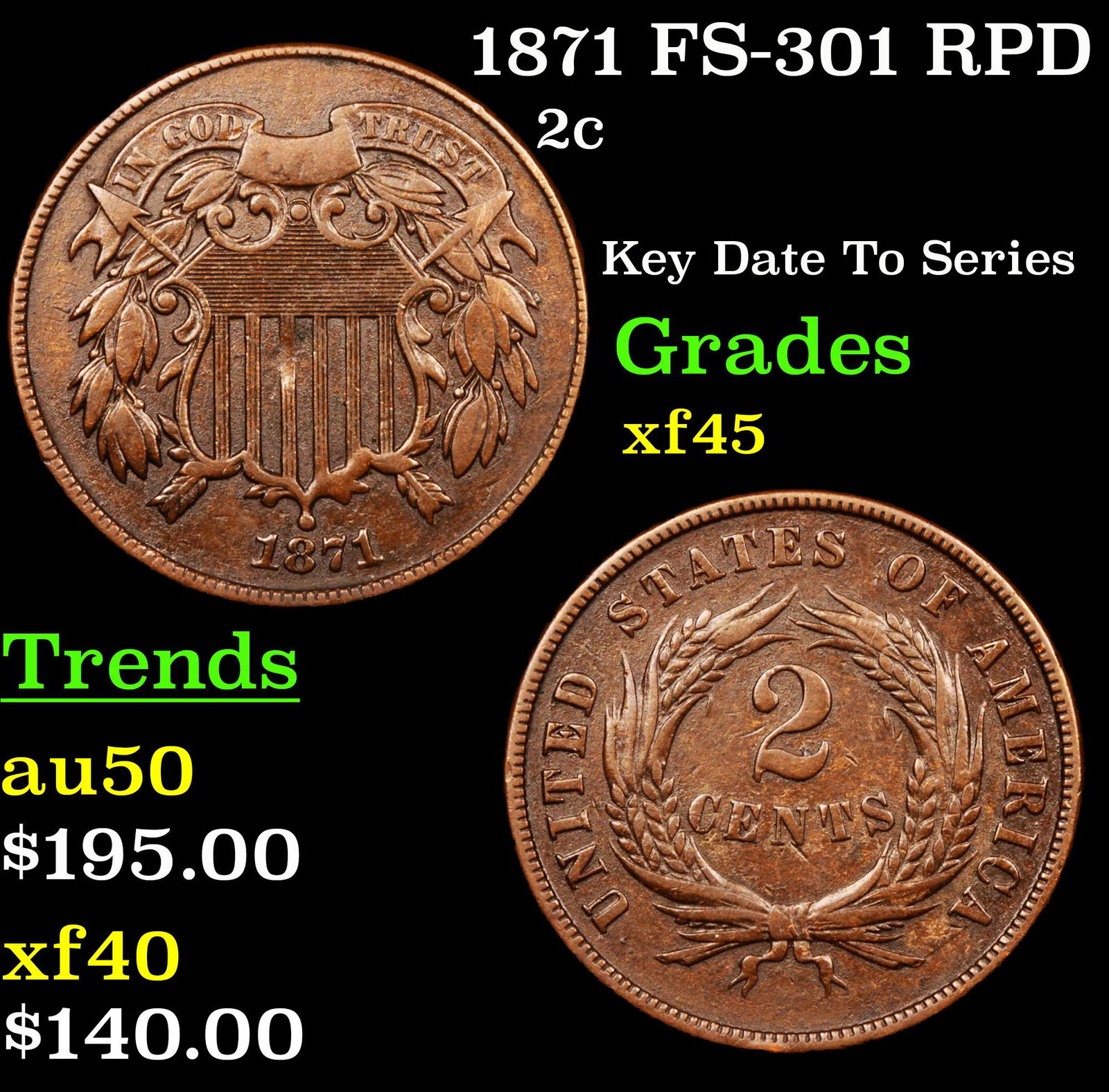 1871 FS-301 RPD Two Cent Piece 2c Grades xf+ (1 of 3)