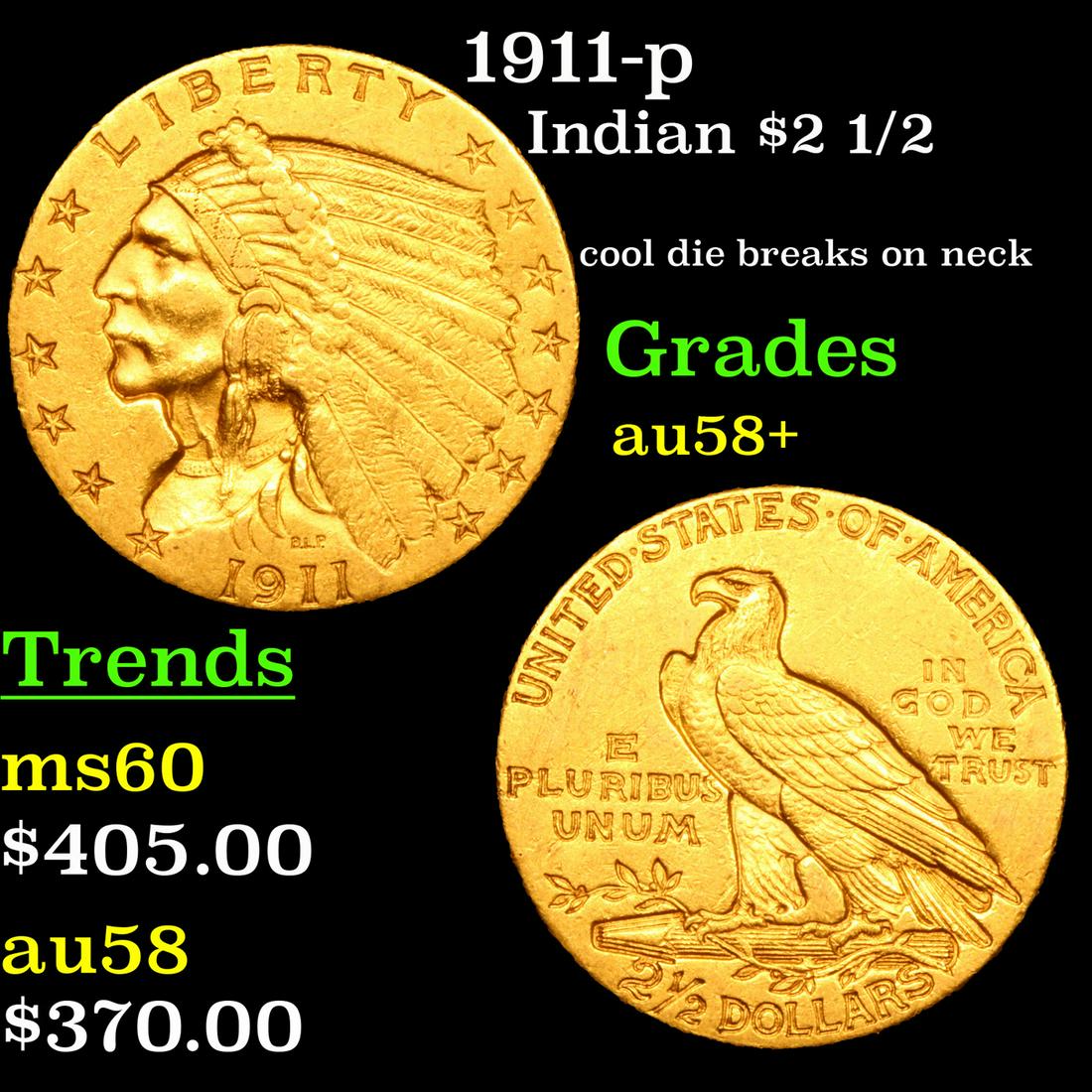 1911-p Indian $2 1/2 Grades Choice AU/BU Slider+ (1 of 3)