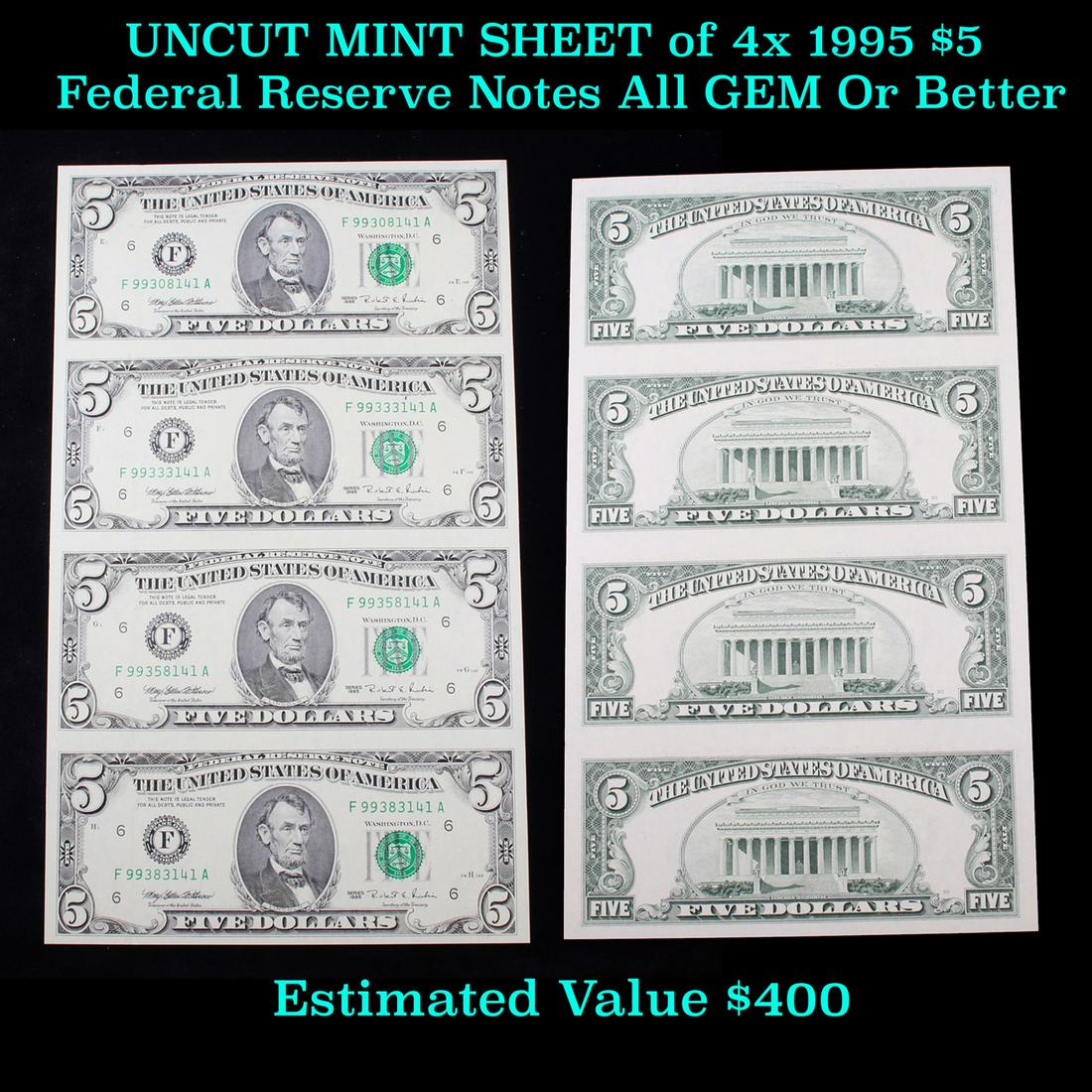 UNCUT MINT SHEET of 4x 1995 $5 Federal Reserve Notes (1 of 3)