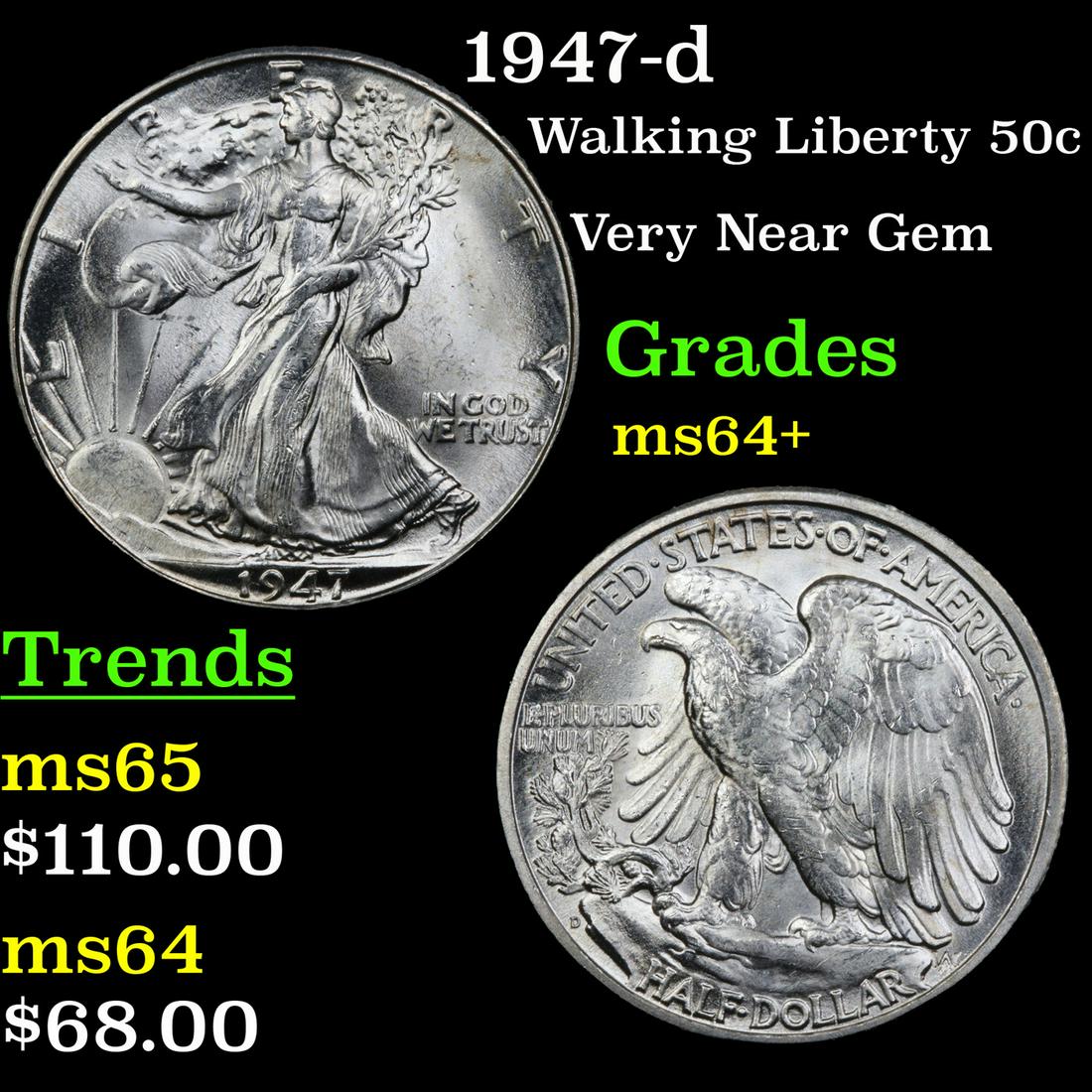 1947-d Walking Liberty 50c Grades Choice+ Unc (1 of 3)