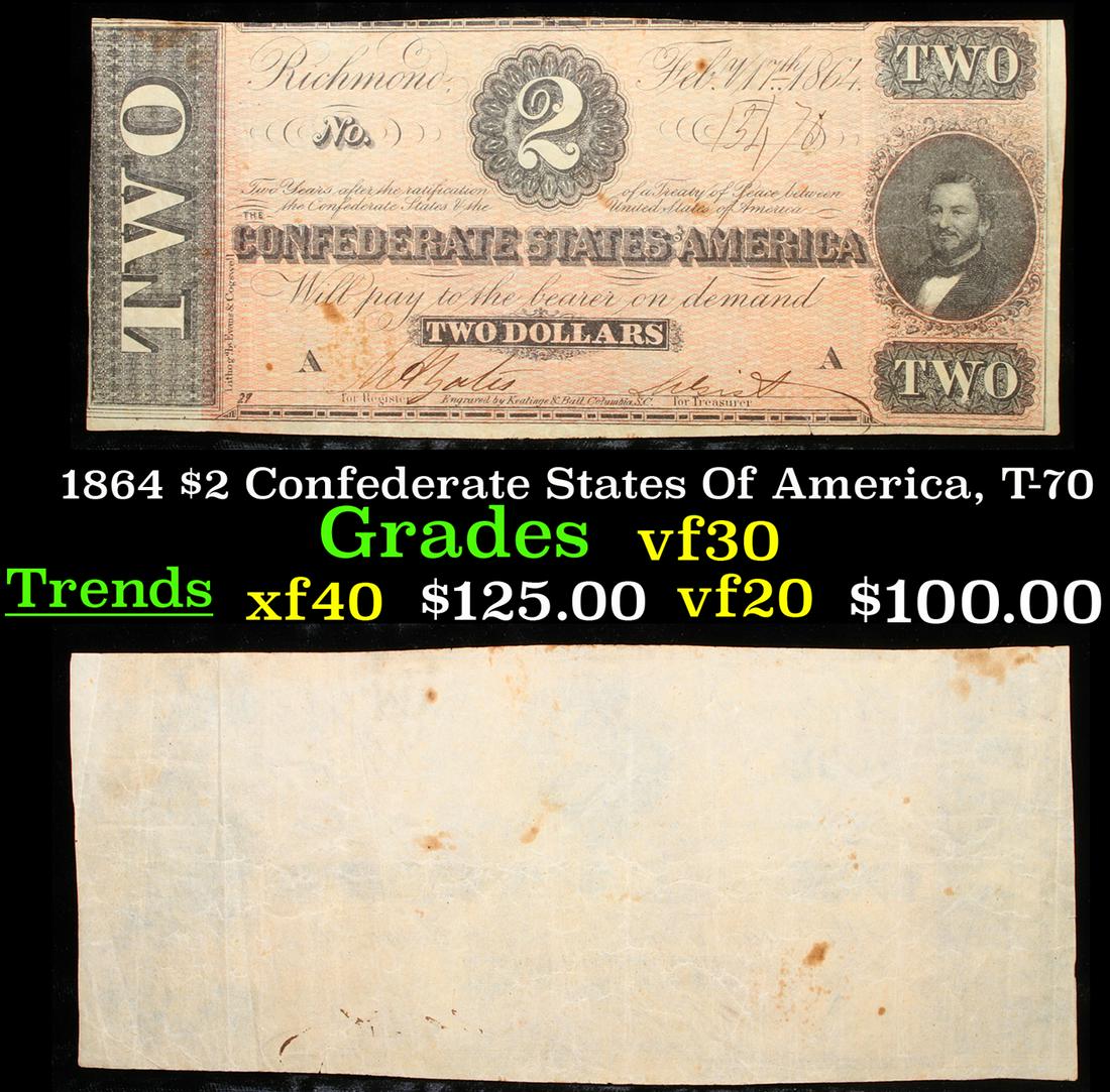 1864 $2 Confederate States Of America, T-70 Grades vf++ (1 of 3)