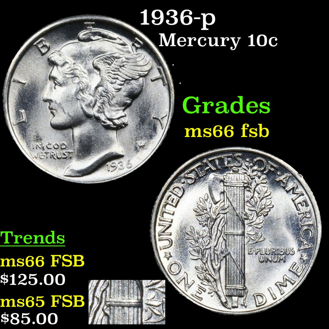 1936-p Mercury 10c Grades GEM+ FSB (1 of 5)