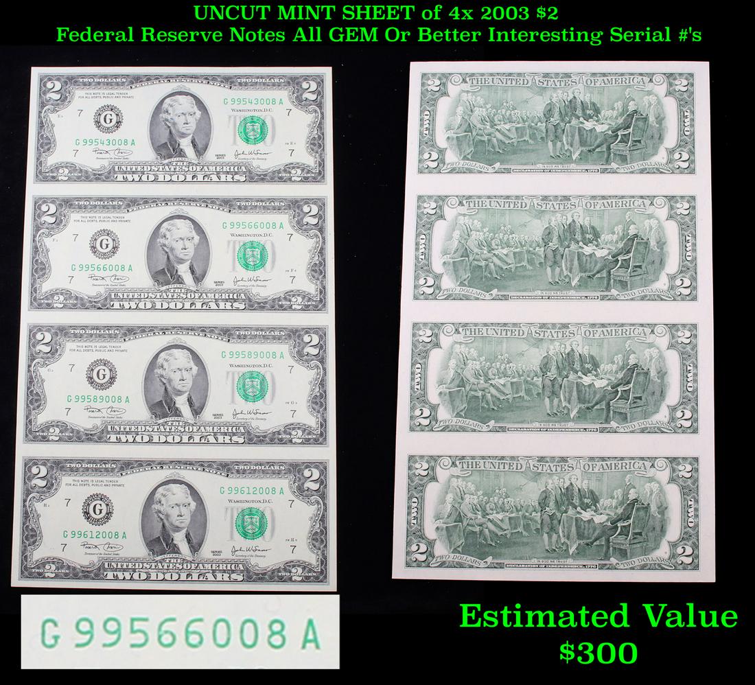 UNCUT MINT SHEET of 4x 2003 $2 Federal Reserve Notes (1 of 3)