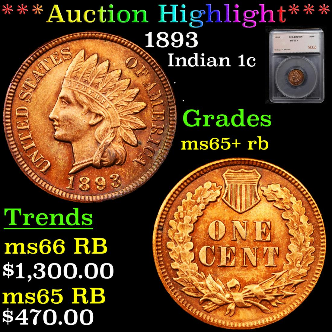 *Highlight* 1893 Indian 1c Graded ms65+ rb (1 of 5)