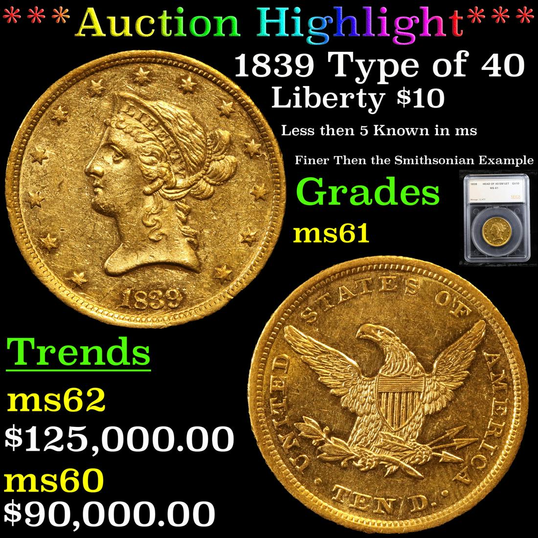 *Highlight* 1839 Type of 40 Liberty $10 Graded ms61 (1 of 7)