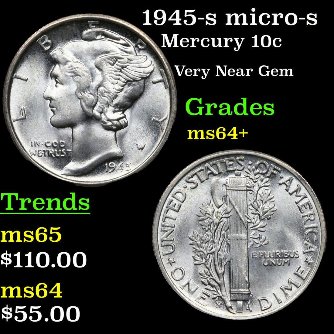 1945-s micro-s Mercury 10c Grades Choice+ Unc (1 of 3)