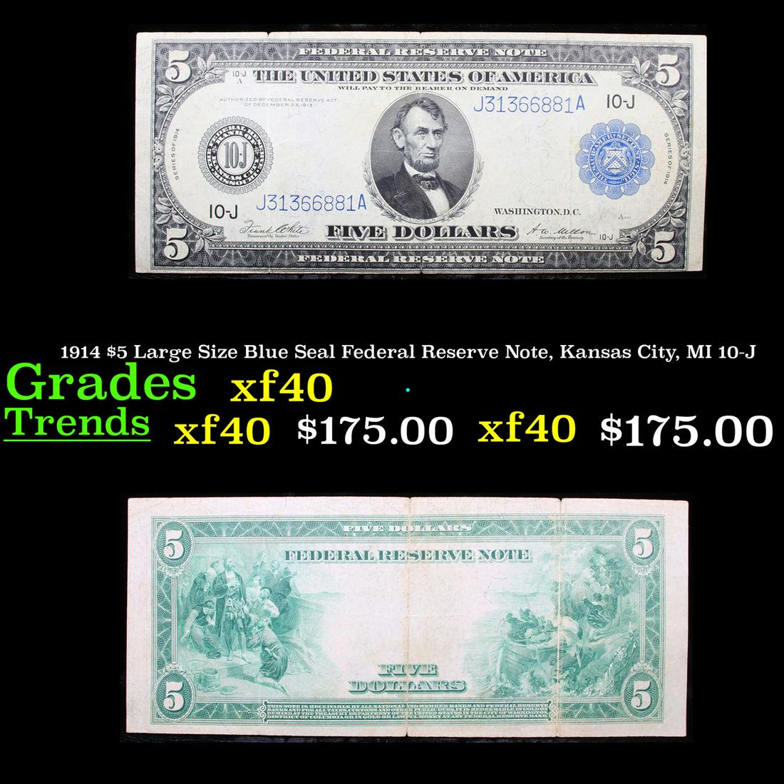 1914 $5 Large Size Blue Seal Federal Reserve Note, (1 of 3)