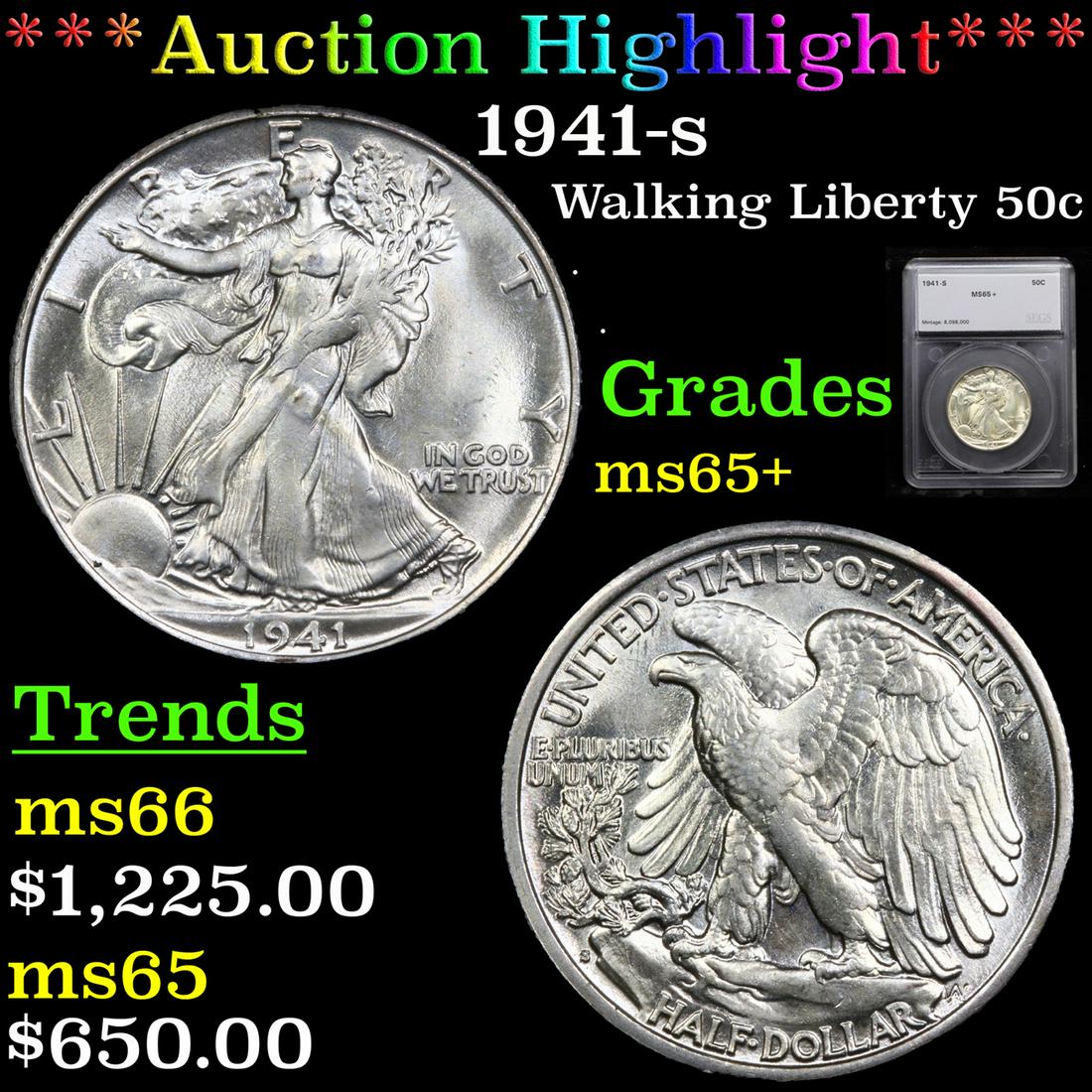 *Highlight* 1941-s Walking Liberty 50c Graded ms65+ (1 of 5)