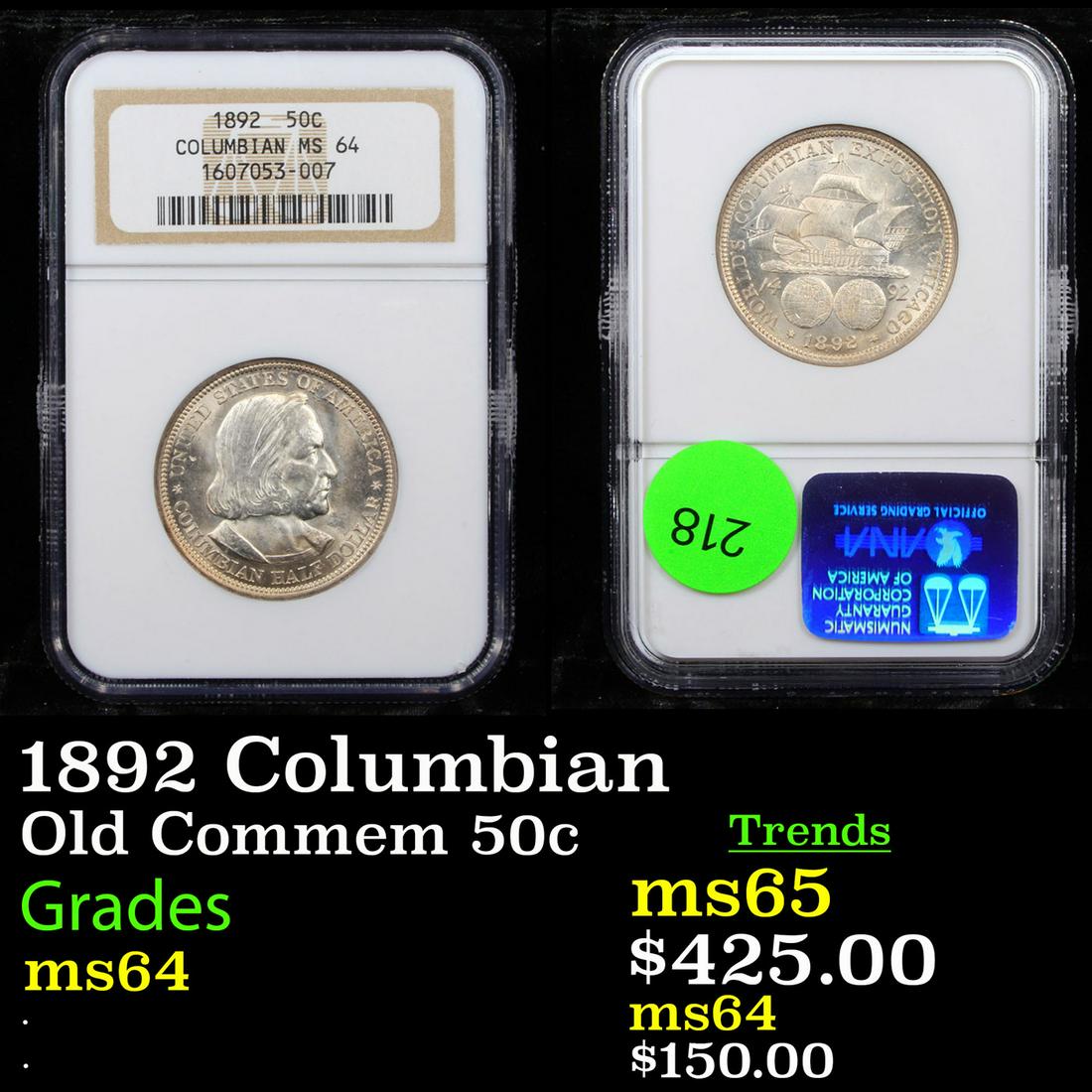 1892 Columbian Old Commem 50c Graded ms64 (1 of 3)