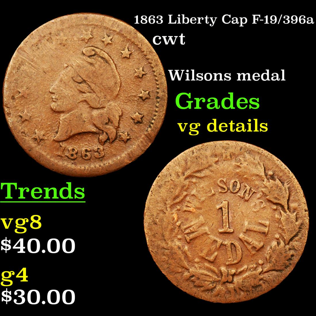 1863 Liberty Cap F-19/396a cwt Grades vg details (1 of 3)