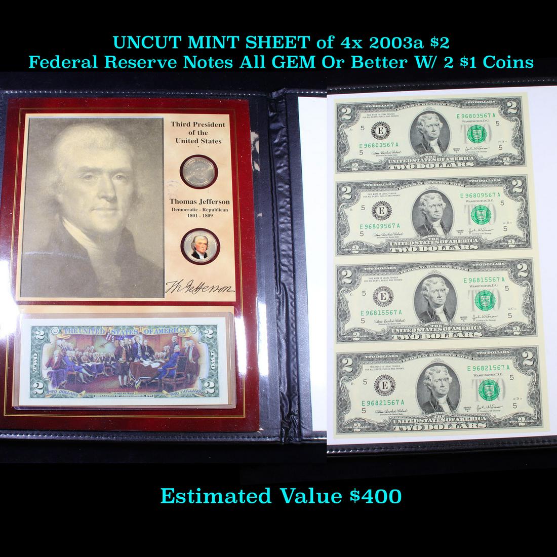 UNCUT MINT SHEET of 4x 2003a $2 Federal Reserve Notes (1 of 4)