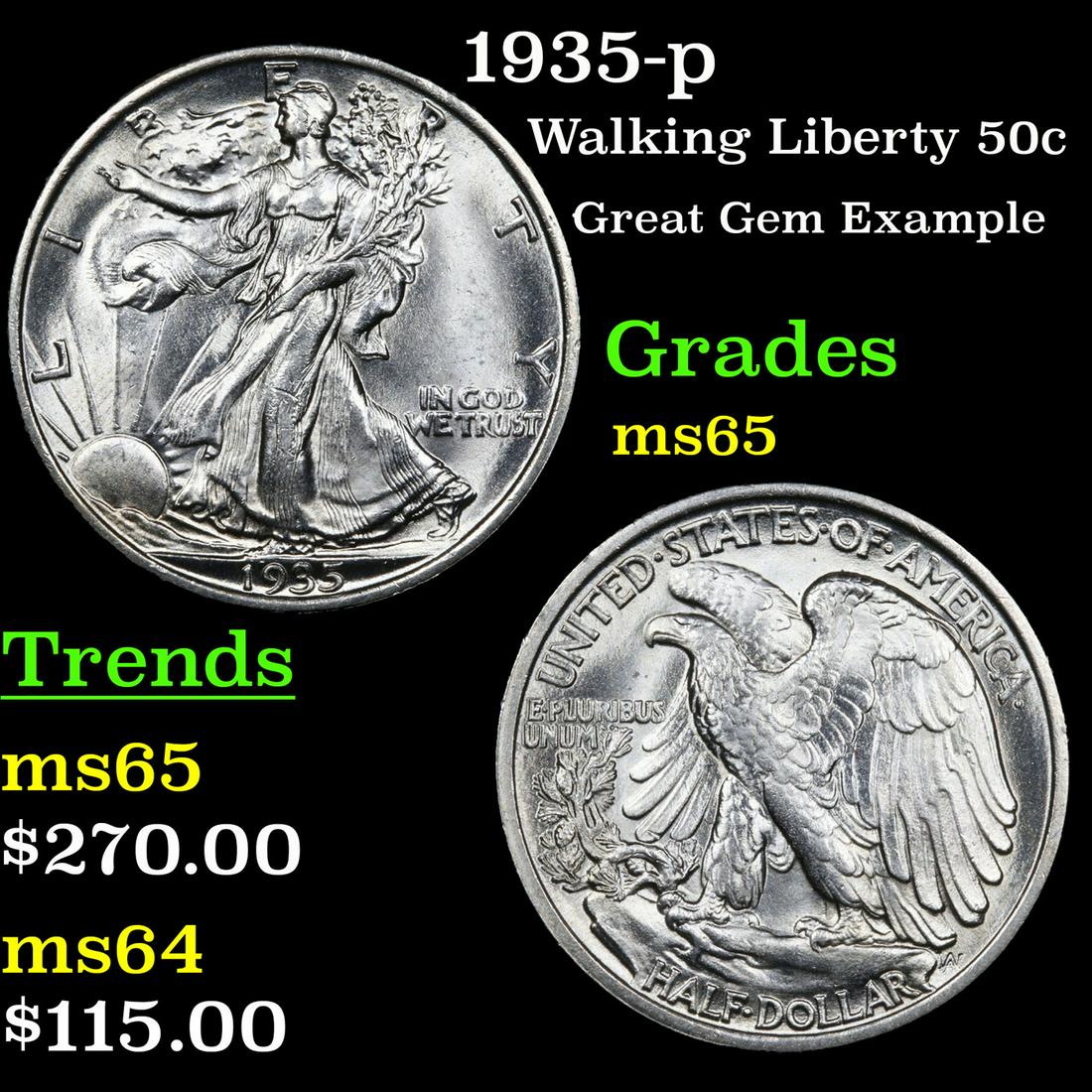 1935-p Walking Liberty 50c Grades GEM Unc (1 of 3)