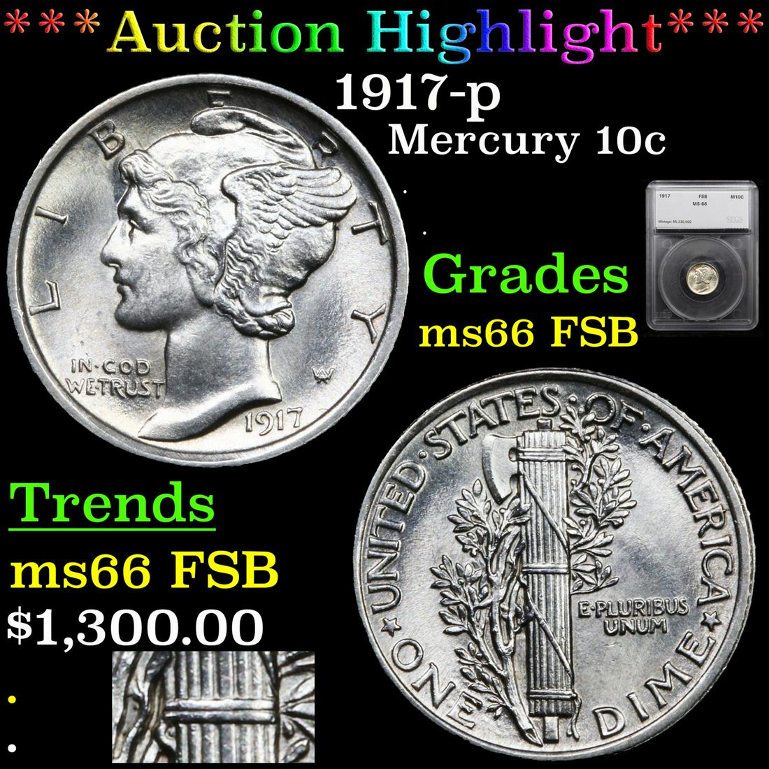 *Highlight* 1917-p Mercury 10c Graded ms66 FSB (1 of 6)
