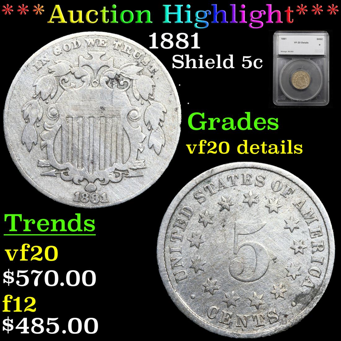 *Highlight* 1881 Shield 5c Graded vf20 details (1 of 5)