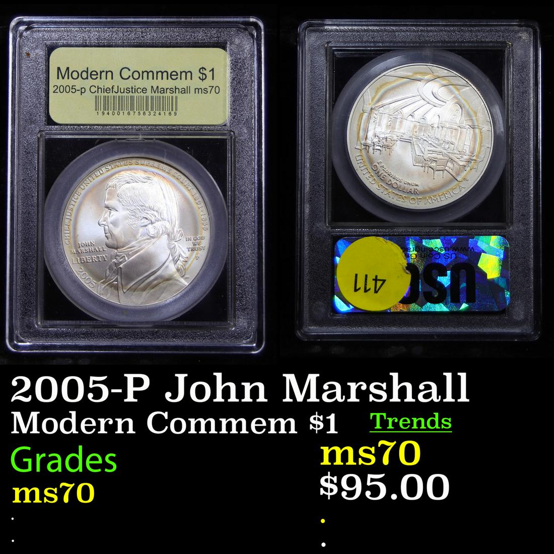 2005-P John Marshall Modern Commem $1 Graded ms70,: 2005-P John Marshall Modern Commem Dollar $1 Graded ms70, Perfection by USCG.