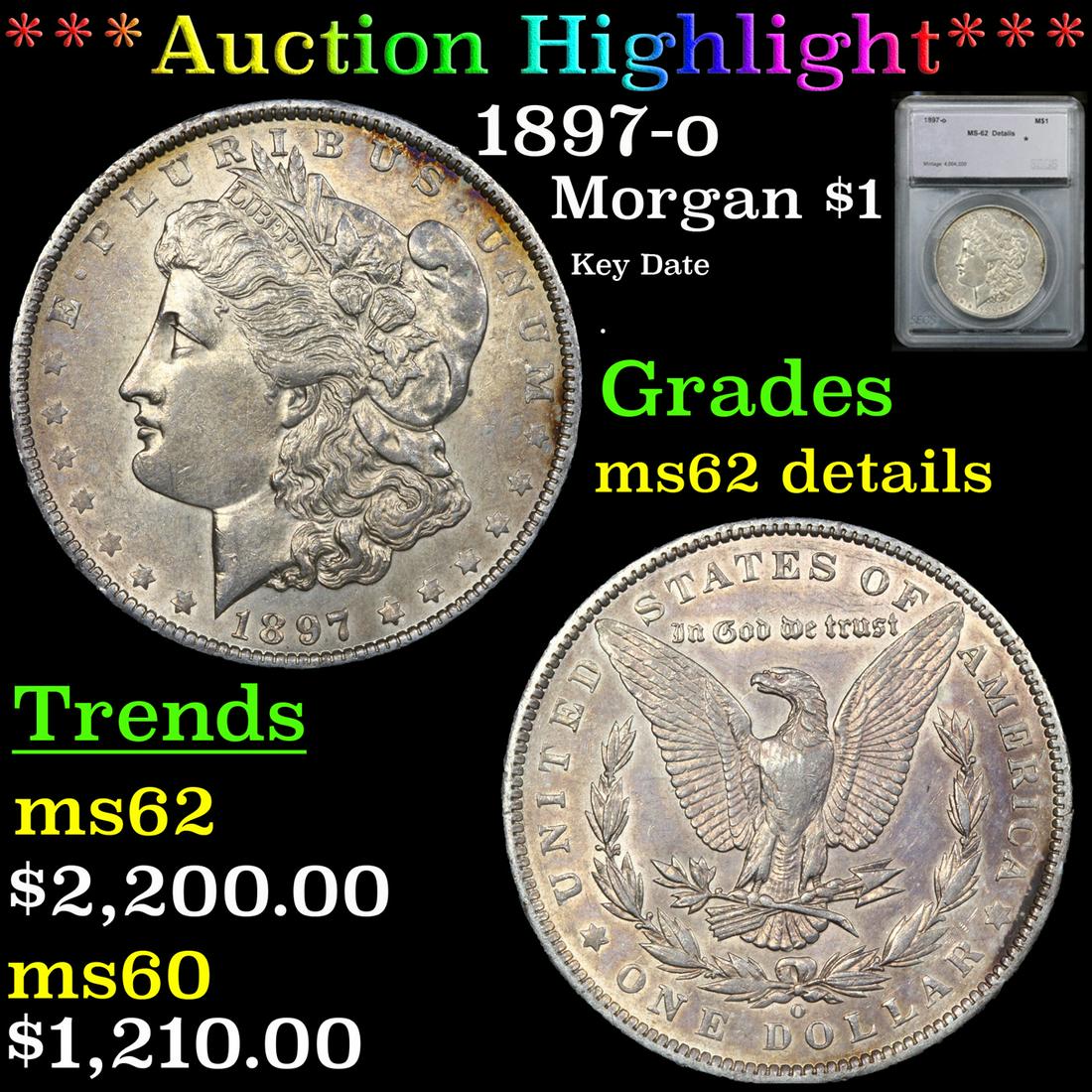 *Highlight* 1897-o Morgan $1 Graded ms62 details (1 of 5)