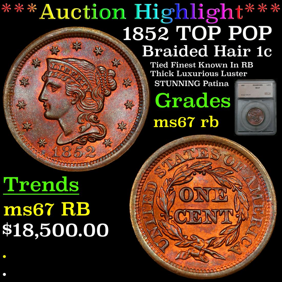 *Highlight* 1852 TOP POP Braided Hair 1c Graded ms67 rb (1 of 5)