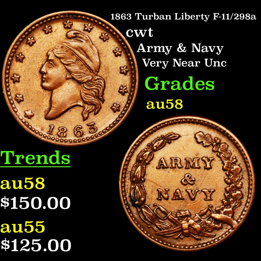 1863 Turban Liberty F-11/298a cwt Grades Choice AU/BU: 1863 Turban Liberty F-11/298a Civil War Token 1c Grades Choice AU/BU Slider. Obverse- Turban Liberty Reverse- Army & Navy