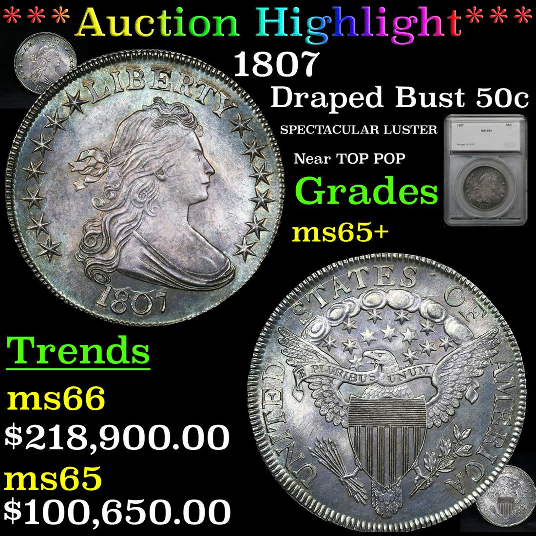 *Highlight* 1807 Draped Bust 50c Graded ms65+ (1 of 12)
