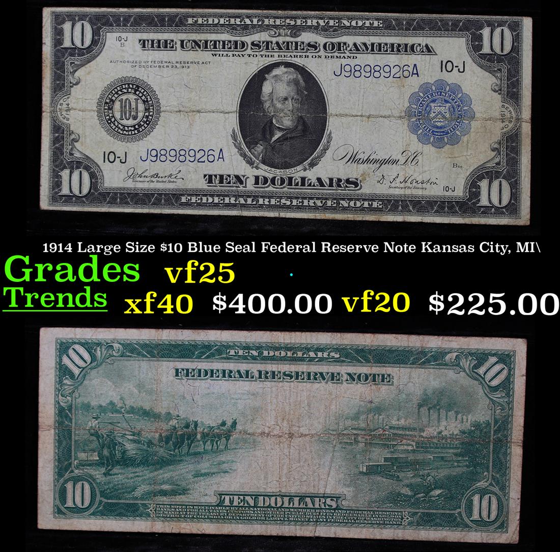 1914 Large Size $10 Blue Seal Federal Reserve Note: 1914 Large Size $10 Blue Seal Federal Reserve Note Kansas City, MI\ Grades vf+. Despite having 1913 written on them, these are actually from the series of 1914, as it says on the right and left hands 
