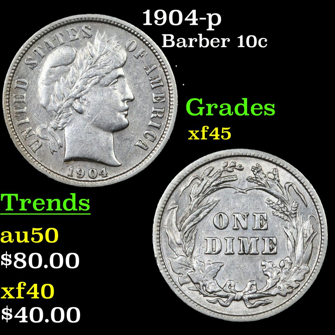 1904-p Barber 10c Grades xf+ (1 of 3)