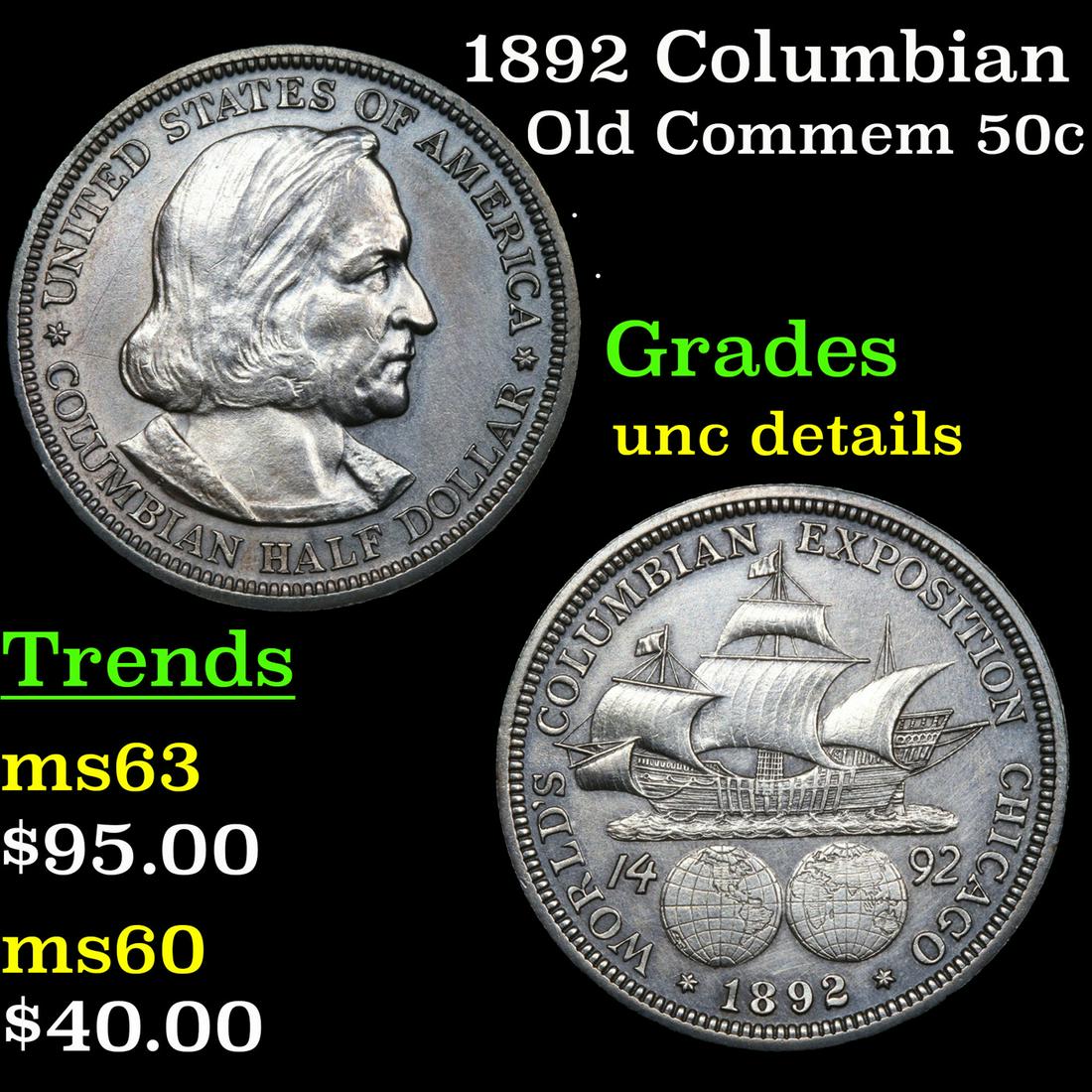 1892 Columbian Old Commem 50c Grades Unc Details (1 of 3)