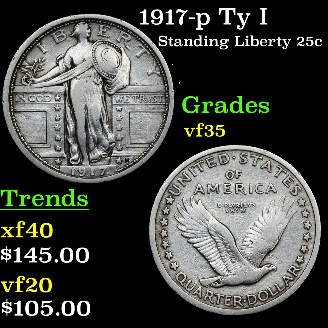 1917-p Ty I Standing Liberty 25c Grades vf++ (1 of 3)