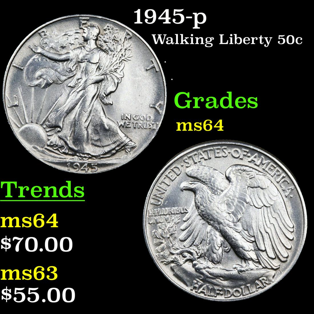 1945-p Walking Liberty 50c Grades Choice Unc (1 of 3)