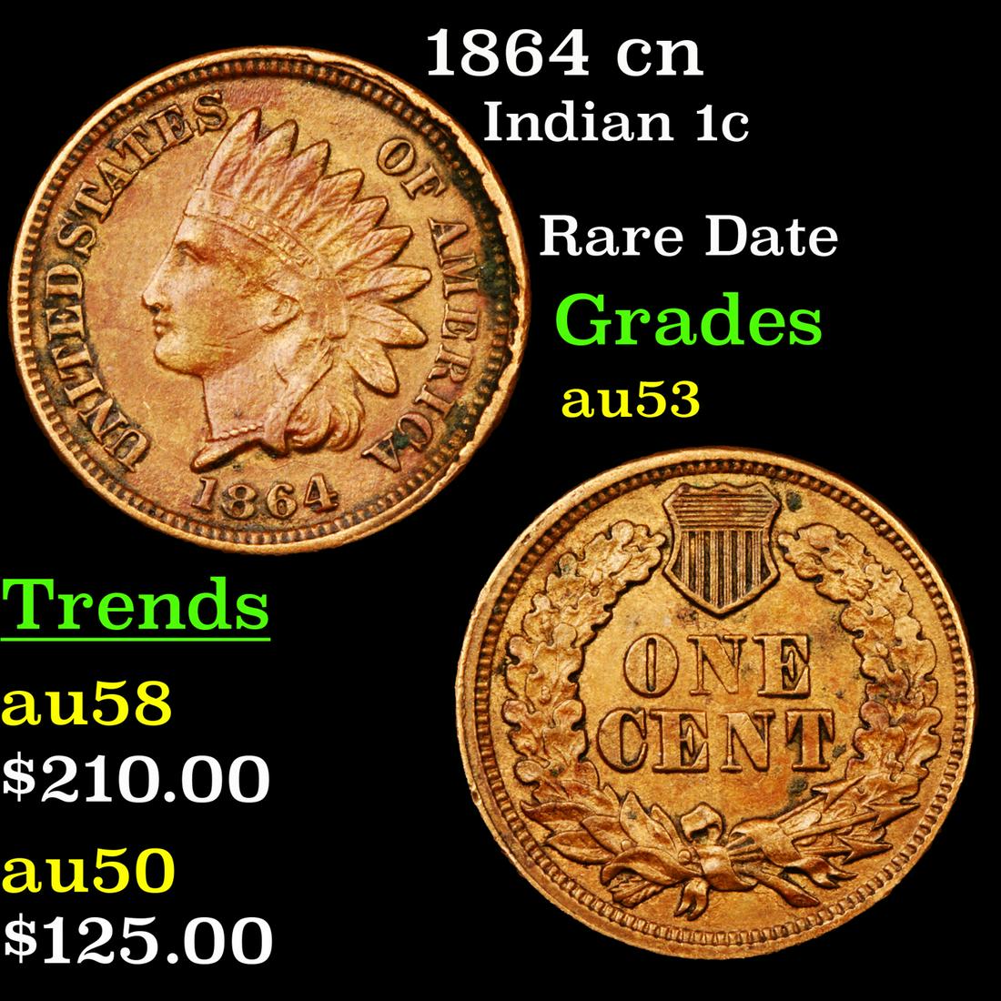 1864 cn Indian 1c Grades Select AU (1 of 3)