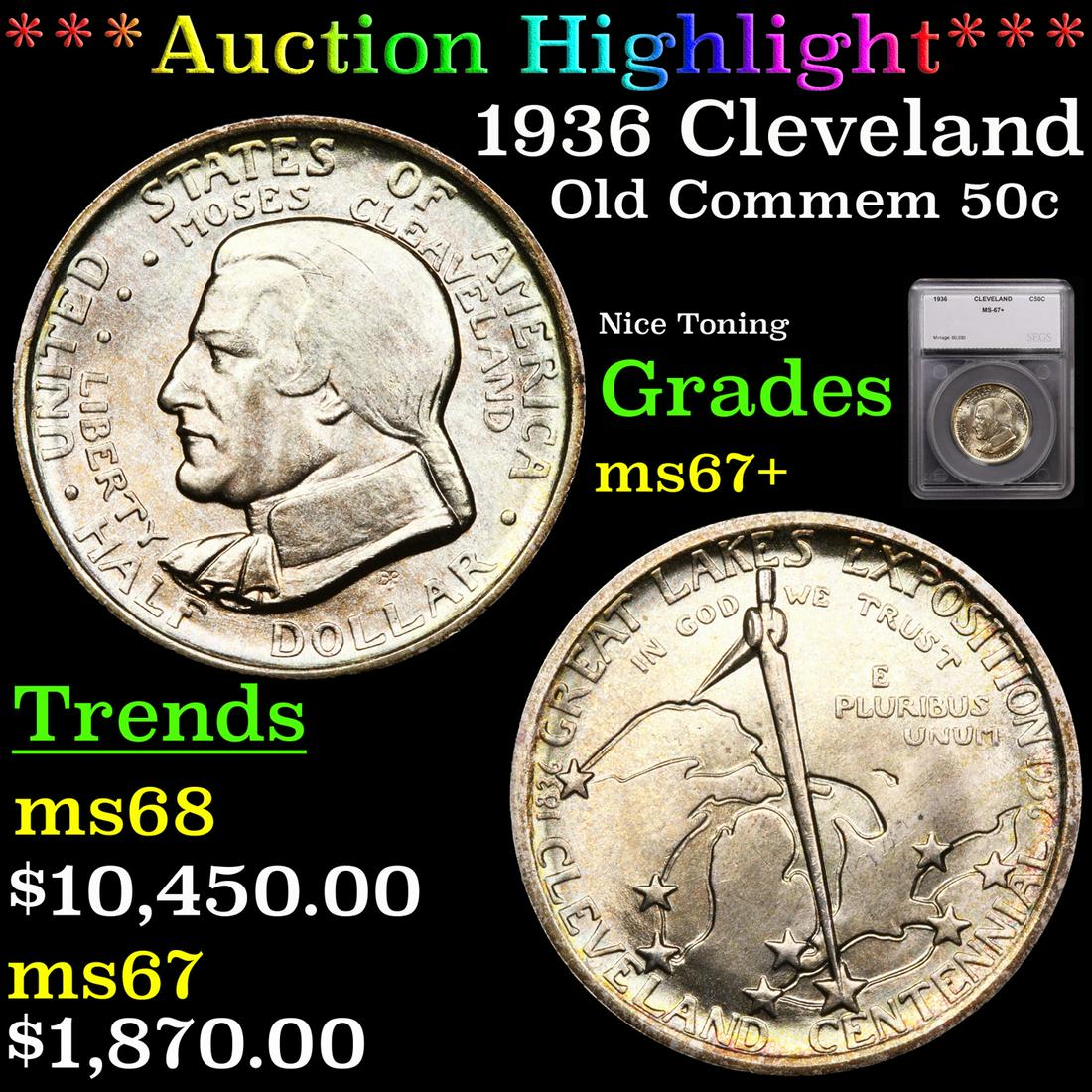 *Highlight* 1936 Cleveland Old Commem 50c Graded ms67+ (1 of 5)