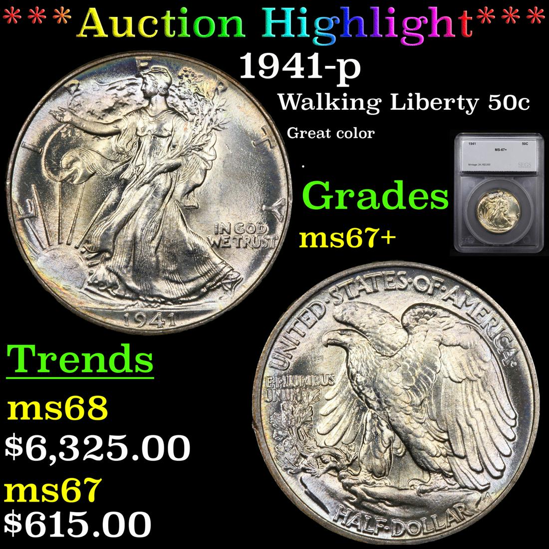 *Highlight* 1941-p Walking Liberty 50c Graded ms67+ (1 of 5)