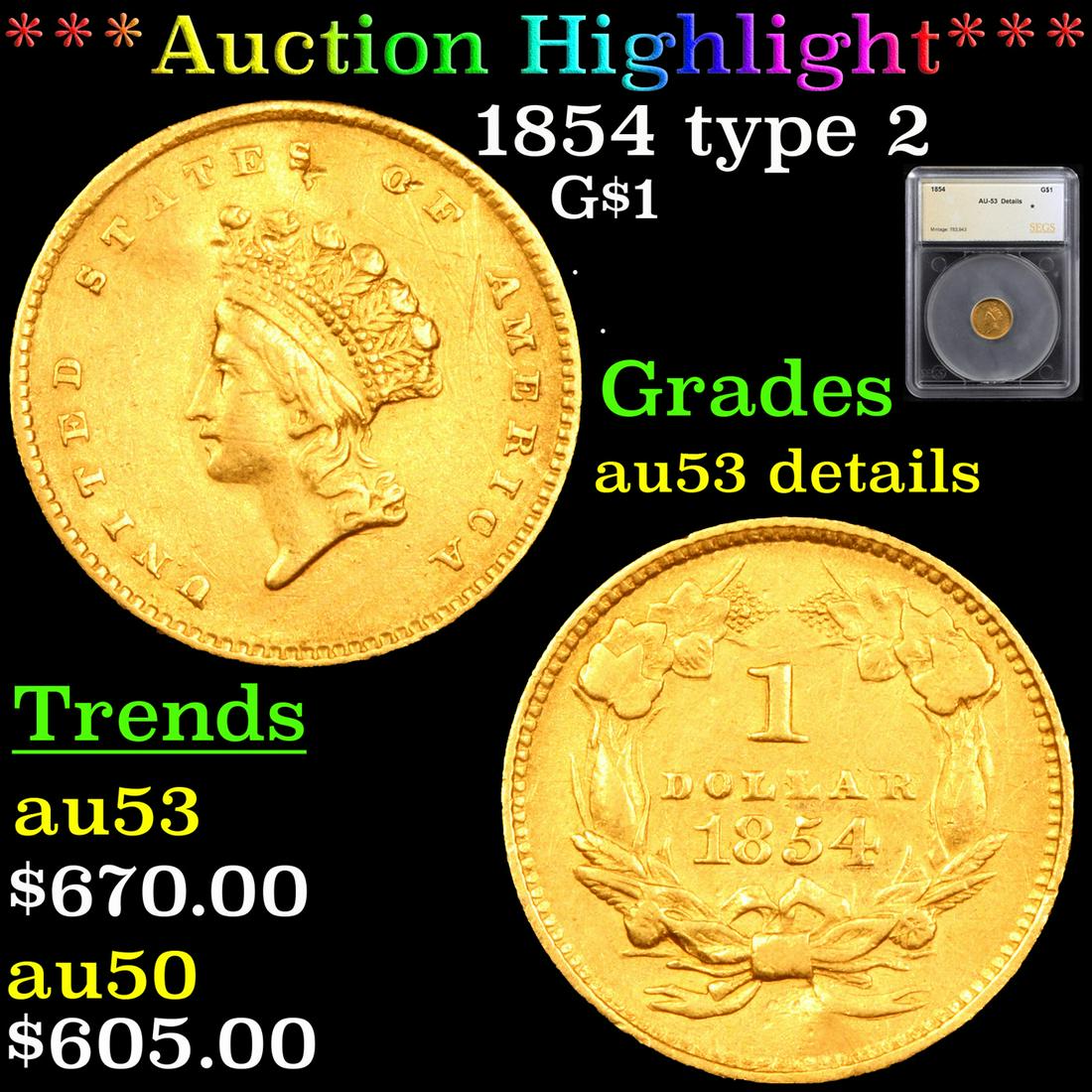 ***Auction Highlight*** 1854 type 2 Gold Dollar $1 (1 of 5)
