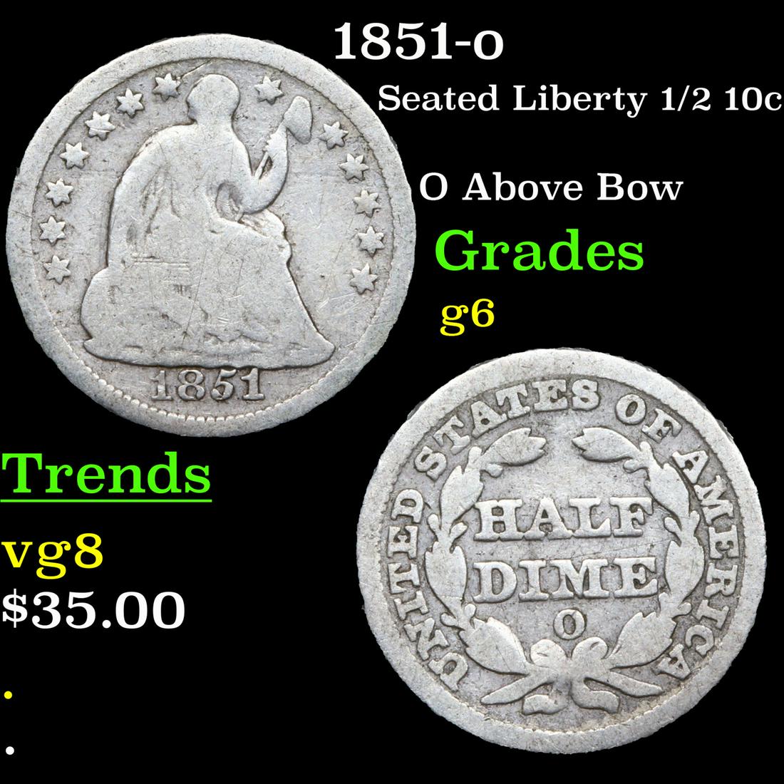1851-o Seated Liberty Half Dime 1/2 10c Graded g+ (1 of 3)